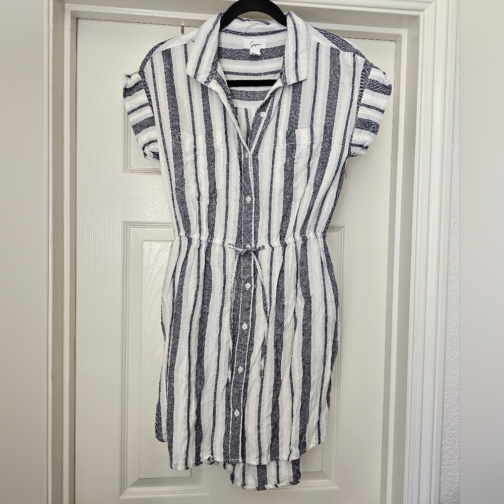 Japna button front above-knee blue & white cap sleeve pockets dress size medium